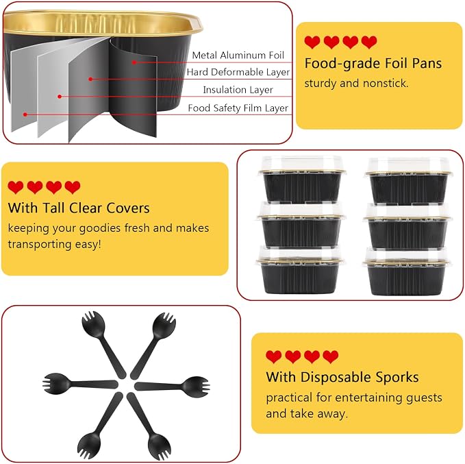 120pack 5oz Mini Cake Pans with Lids,LNYZQUS Disposable Ramekins Muffin Tins Cupcake Baking Cups,Small Aluminum Foil Brownie Baking Pan Containers Mini Cheesecake Holders-Black