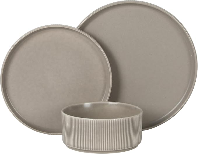Gibson Elite Avant-Garde 12 Piece Stoneware Dinnerware Set for 4, Chateau Grey Plates and Bowls Set with Reactive Glaze, Includes Dinner Plates, Salad Plates and Bowls
