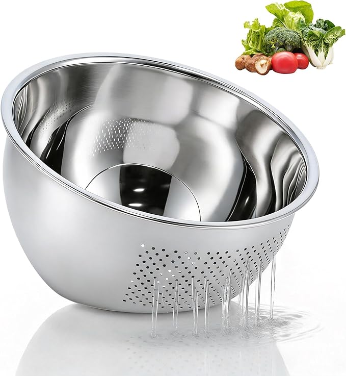 Rice Washer Strainer Bowl, Stainless Steel Rice Washing Bowl Kitchen Washing Basket Basin with Side Drainers Small Colander for Rice, Vegetables & Fruit(22.5CM)