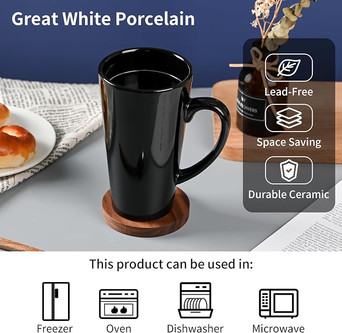 BYCNZB 16oz black Funnel Ceramic Tall Coffee Mugs for Coffee, Tea, Cocoa, Latte, Milk set of 4(Black)