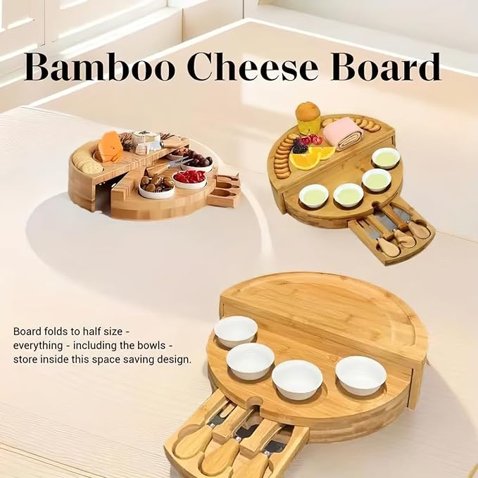 Bamboo Cheese Board Set with Cutlery, Foldable Charcuterie Board with Ceramic Bowls and Knife Set, Portable Serving Tray for Cheese, Steak, Pizza (Half Round with Small Bowl Knife and Fork)