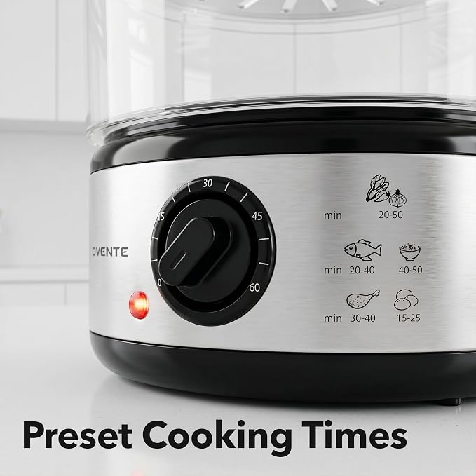 OVENTE 2-Tier Electric Food Steamer, 5 Quart Stainless Steel Stackable Steam Cooker with 400W Power, 60-Minute Timer & Auto Shut-Off, Dishwasher Safe, Healthy Vegetable & Seafood Steamer, Silver FS62S