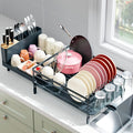 Urackify Large Dish Drying Rack, Expandable Dish Racks for Kitchen Counter, Multifunctional Dish Drainer with Utensil Holder & Cup Holder, 18.5"-26.7" L x 12.7" W, Dark Slate Gray