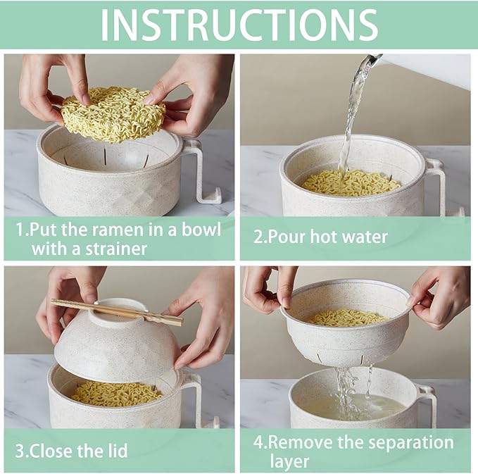 2 Sets Microwave Ramen Bowl 40 oz Wheat Fiber Portable Instant Noodle Cooker Bowl with Handles Strainer Spoon Chopstick Fork College Dorm Room Apartment Essentials(Beige, Light Green)