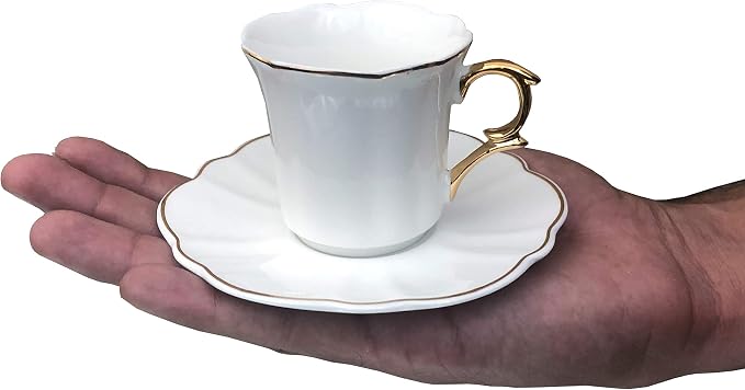 BTaT- Turkish Coffee Cup Set, 3 oz, 6 Set (12 pcs) | Elegant White Cups Saucers Gold Trim Espresso Set Greek Arabic Turkish Coffee Gift Use