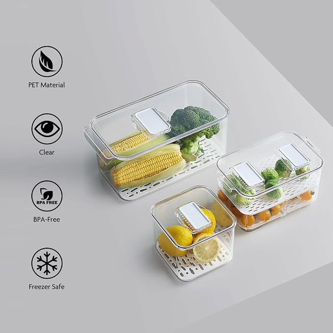 elabo Fruit Storage Containers for Fridge Fresh Produce Saver -3 Pack Stackable Fridge Organizers Bins with Lids, Drain Tray, Food Storage Container for Vegetables, Lettuce, Salad and Berry, BPA-free
