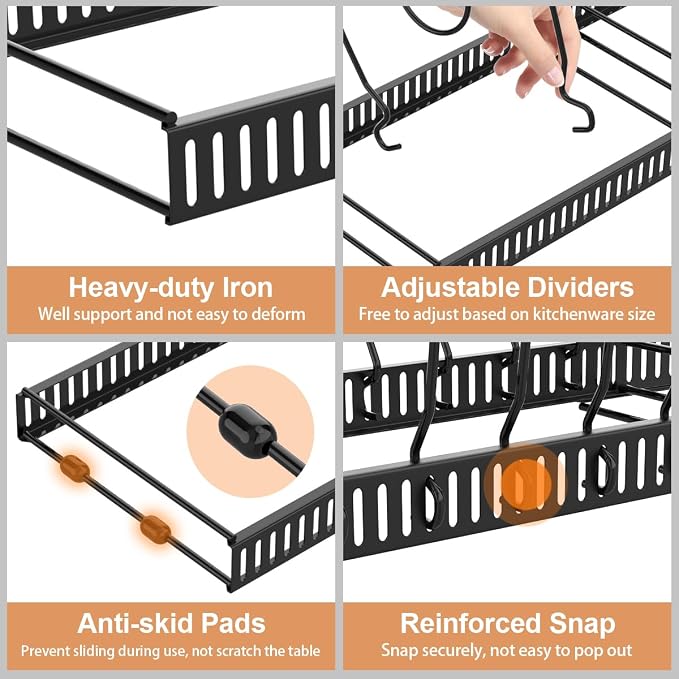 Housolution Pot and Pan Organizer Rack for Cabinet, Expandable Pot Lid Organizer Holder with 14 Adjustable Dividers, Fully Expanded Size 22.83" W x 7.09" D x 7.09" H, Black