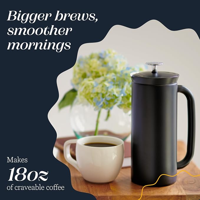 ESPRO Pro P7 French Press Stainless Steel 304 – Patented Double Walled Micro-Filter Insulated French Press Coffee Maker, Grit-Free Brew - Heat Resistant BPA Free - Matte Black - 18oz
