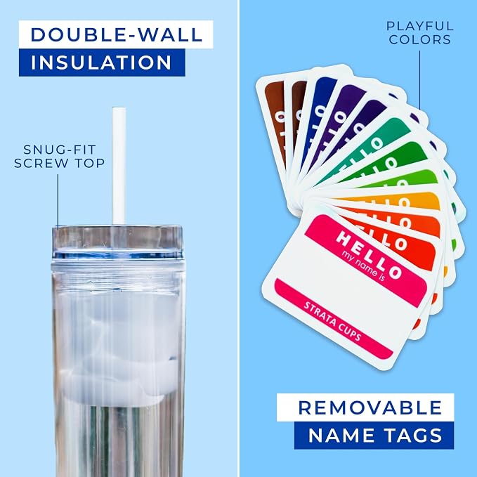 STRATA CUPS 12 Clear Skinny Tumblers with Lids and Straws | 16oz Reusable Cup Double-Wall Clear Tumbler with Lid and Straw, Durable Acrylic Tumblers With FREE Straw Cleaner & Name Tags