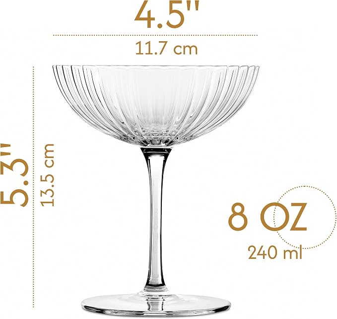 Venus Seashell Coupe Cocktail Glasses | Set of 4 | 8 oz Crystal Ribbed Champagne Saucers for Drinking P-Star and Espresso Martini, Margarita, Daiquiri, Cosmopolitan, Gimlet | Elegant Gift Glassware