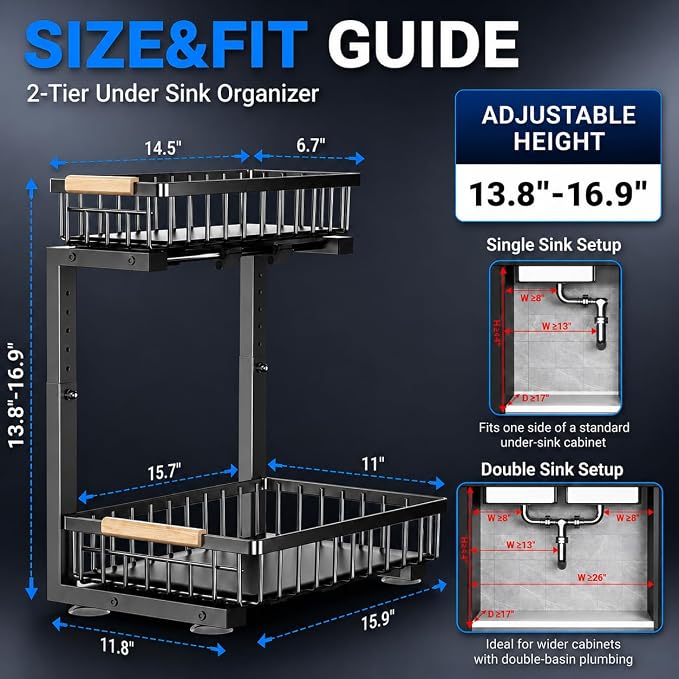 𝐆ee𝐁om Under Sink Organizer, Pull Out Kitchen Storage Cabinet Organizer, 2-Tier Metal Slide Out Shelf for Bathroom Laundry Kitchen Storage with Drawers, 11.8"W x 15.9"D x 13.8-16.9"H, Black, 2 Pack