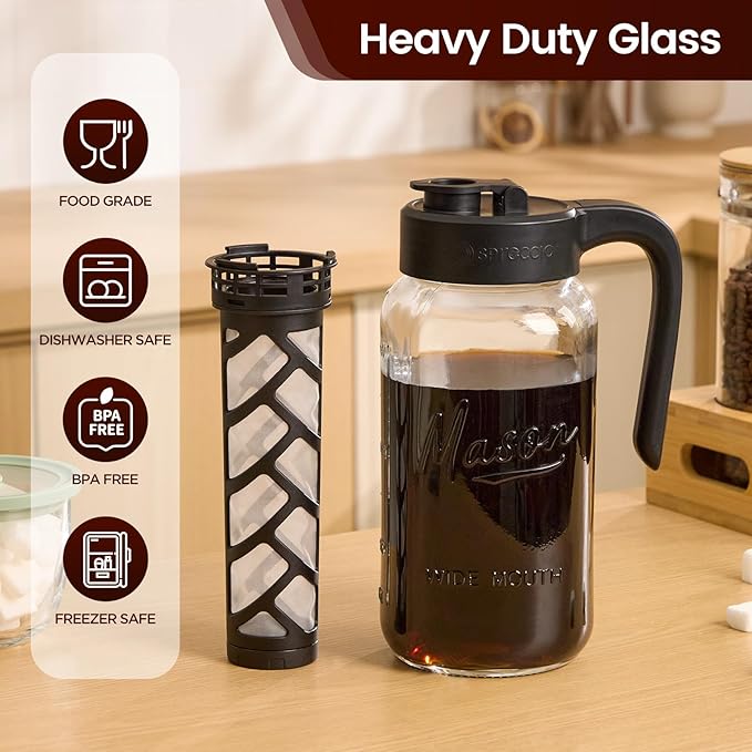 Mason Jar Pitcher - Airtight & Leakproof Glass Pitcher with Lid, Perfect for Breastmilk, Cold Brew, and Sun Tea, 2 Quart (64 oz) Mason Jar with Pour Spout Lid