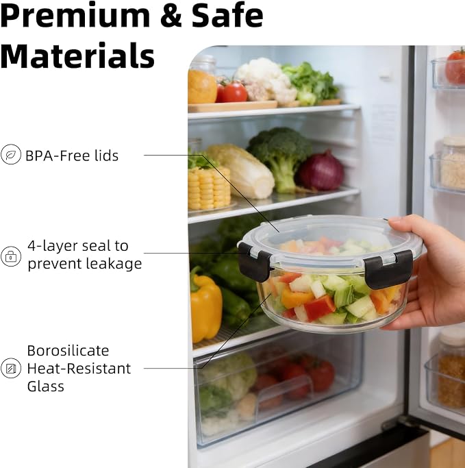 Konokyo 24 Pack Round Glass Food Storage Containers with Lids, 12 Pink + 12 Black, Airtight Leakproof Meal Prep Containers, BPA-Free, Microwave Oven Freezer & Dishwasher Safe