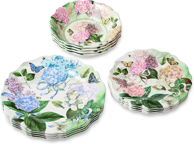 Garden Path Melamine 12-Piece Dinnerware Set - Hydrangea Design, Service for 4 with Dinner Plates, Salad Plates, and Bowls - Durable, Lightweight, and Dishwasher-Safe