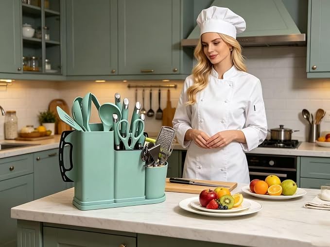 Kitchen Utensils and Knives Set, 20PCS Knife and Cooking Spoon Tools Set with Storage Holder, Sharp Stainless Steel Knife Sets with Bread, Chef Knife (Teal)