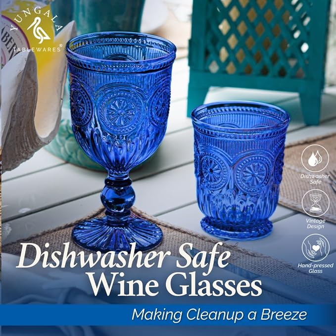 Cobalt Wine Glasses Set of 6 Goblets - Handcrafted Vintage Glassware with Sunflower Motif, Dishwasher Safe Cobalt Blue Glassware
