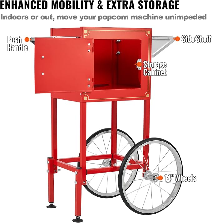 VEVOR Commercial Popcorn Machine, 8 Oz Kettle, 850 W Popcorn Maker on Wheels for 48 Cups per Batch, Theater Style Popper with 3-Switch Control Steel Frame Tempered Glass Doors Cart 1 Scoop 2 Spoons | 850W Theater Style Popper, On Wheels, 48 Cups per Ba...