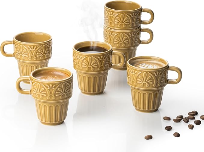 LYEOBOH Small Coffee Mug Set of 6, Stackable Mugs 3.3 OZ Ceramic Espresso Cups, Microwave & Dishwasher Safe Coffee Mugs Cups for Coffee Tea Cocoa, Modern Design for Home Kitchen, Housewarming, Khaki