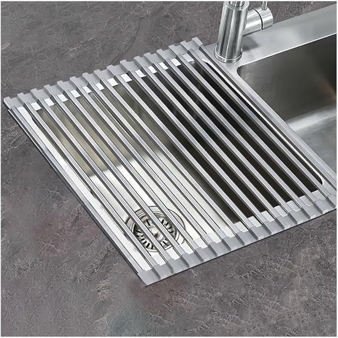 Roll Up Over The Sink Dish Drying Rack, 32-60CM Multipurpose Foldable Sink Cutting Board Dish Rack Mat for Kitchen Counter RV Camper Accessories Travel Trailer(Gray,L 37cm/14.6in)