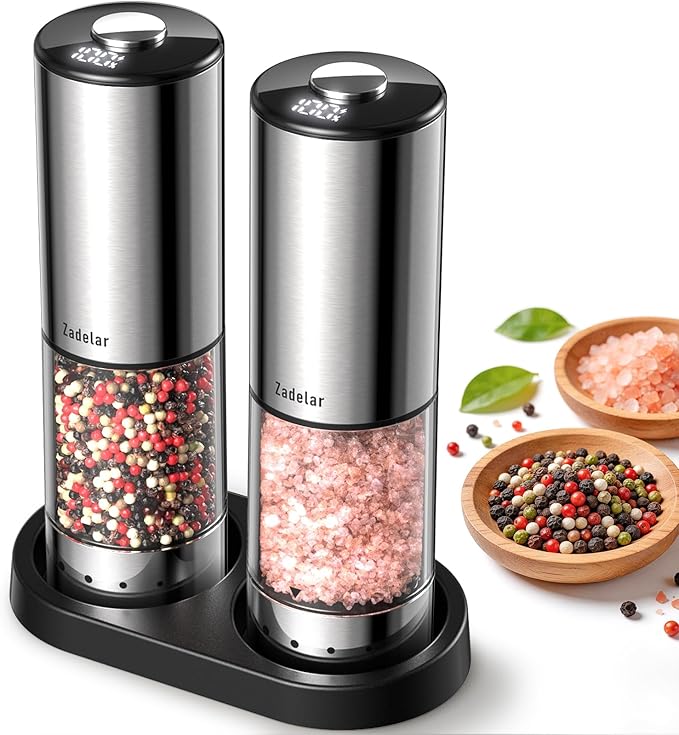 Rechargeable Electric salt and pepper grinder set with Storage Base,Automatic Refillable Salt and Pepper Shakers with LED Display,Upgraded Large Capacity,External Adjustable Coarseness for Mom Gifts