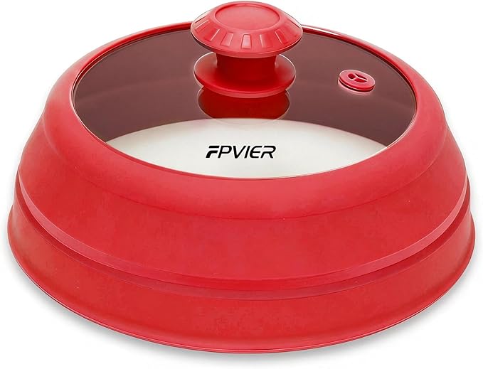 Microwave Splatter Cover - 9.8" Glass Lid with Collapsible Silicone Rim, Universal Pot & Plate Cover for Mess-Free Heating (Red, 9.8inch)