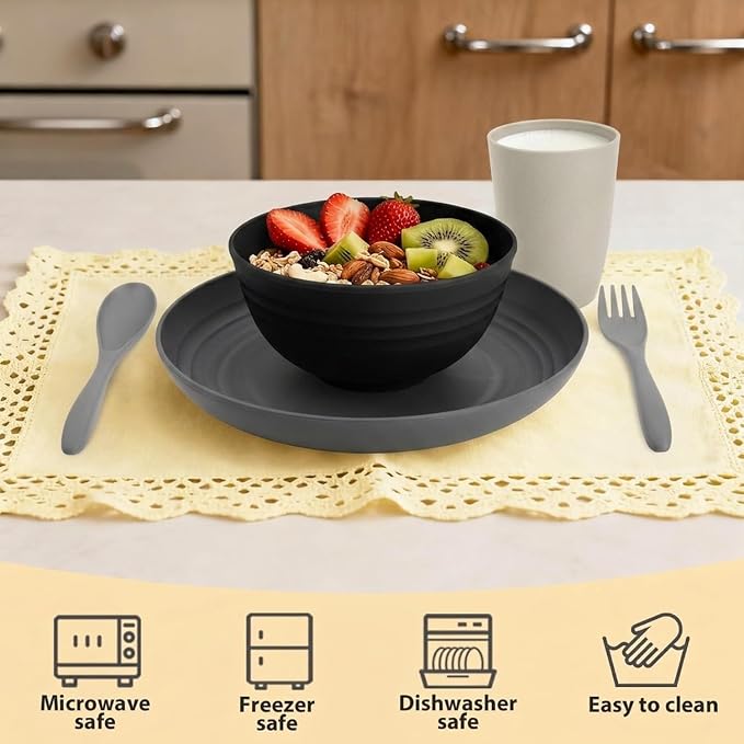 20 PCS Wheat Straw Plates and Bowls Sets,Kids Dishes Dinnerware Sets for 4,Unbreakable Kitchen Plates and Bowls Set for Travel Dishwasher & Microwave Safe Lightweight Dishes Set - BlackGrey
