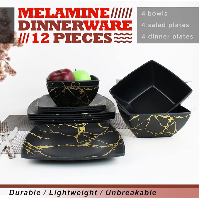 Melamine Dinnerware Set for 4-12 Pcs:Camping Dishes Set with Dinner Plates,Salad Plates and Bowls.Lightweight and Unbreakable.Indoor and Outdoor Use. flower 26