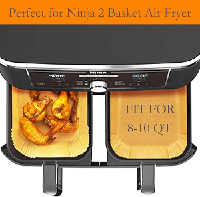 300 PCS Air Fryer Liners Disposable, 8.1 * 5.1 inch Air Fryer Paper Fit 2-Basket 8-10QT, Food Grade Baking Paper made for Ninja DZ201,DZ401,DZ550,SL401