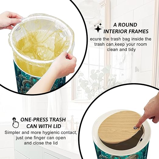 Trash Can with Lid Teal Blue Ocean Octopus Coral Reefs Press Top Round Small Garbage Bin with Wooden Legs Waste Basket for Kitchen Bedroom Nursery 7L/1.8 Gallon