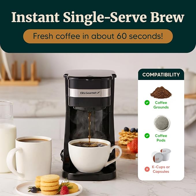 Elite Gourmet EHC113 Personal Single-Serve Compact Coffee Maker Brewer Includes 14Oz. Stainless Steel Interior Thermal Travel Mug, Compatible with Coffee Grounds, Reusable Filter, Black
