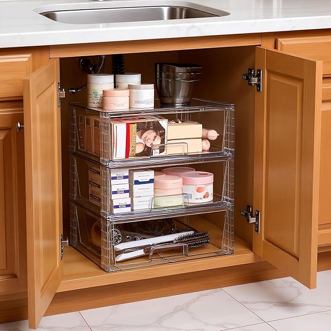 Wide Large Stackable Storage Drawers(2 Pack),Multi-purpose Clear Plastic Organizer Bins with Handles, Easy to Assemble for Bathroom Home Closet Under Sink Kitchen Pantry Medicine Cabinet