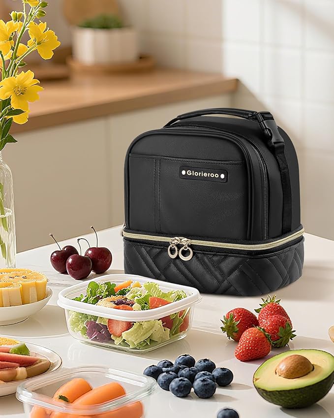 Double Deck Lunch Box Bag Women - Vegan Leather Insulated Waterproof Leakproof Cooler for Work Travel Picnics - Teacher Mothers Day Christmas Birthday Gifts