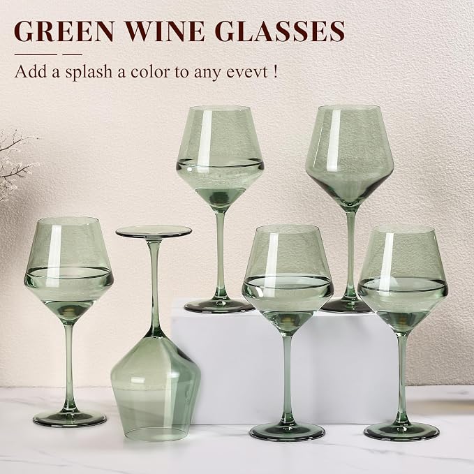 Green Wine Glasses Set of 6-17.5oz Long Stem Crystal Wine Glasses, Handcrafted Blown Colorful Stemware, Elegant Drinkware Gift for Wedding Housewarming Wine Enthusiasts