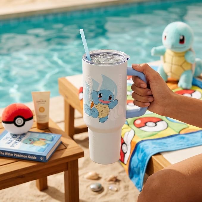 Silver Buffalo Pokémon Featuring Squirtle Double Walled Stainless Steel Tumbler with Handle and Straw, Fits in Standard Cup Holder, 40 Ounces