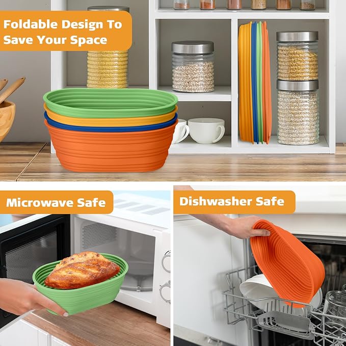 Honeydak 4 Pcs Silicone Bread Proofing Baskets Oval Banneton Basket 10" Collapsible Sourdough Bread Baking Supplies Non-stick Dough Proofing Bowls Container Oven Safe for Breads Making (Retro Color)