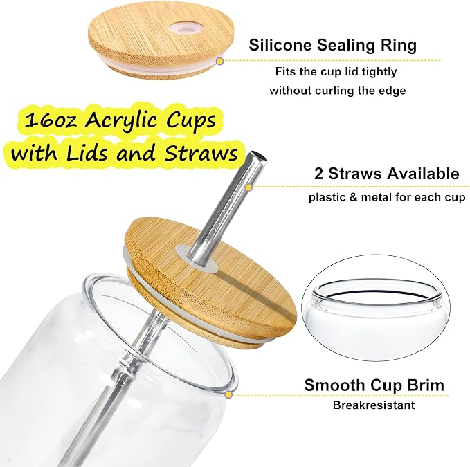 16 oz Clear Plastic Cups Reusable with Bamboo Lids and Straws & DIY Sticker, 12Pack Acrylic Mason Jars Iced Coffee Drinking Glasses Cup for Park Picnic, Poolside, Party Giveaways