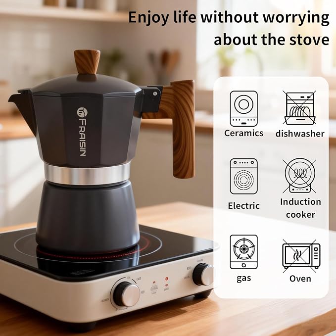 Stovetop Espresso Moka Pot Coffee Maker, Non-slip Wood Grain Handle, Cast Aluminum, Compatible with Gas, and Electric Stoves (Black, 6 cups)