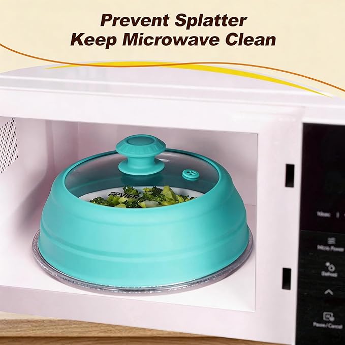 Microwave Splatter Cover - 9.8" Glass Lid with Collapsible Silicone Rim, Universal Pot & Plate Cover for Mess-Free Heating (Blue, 9.8inch)