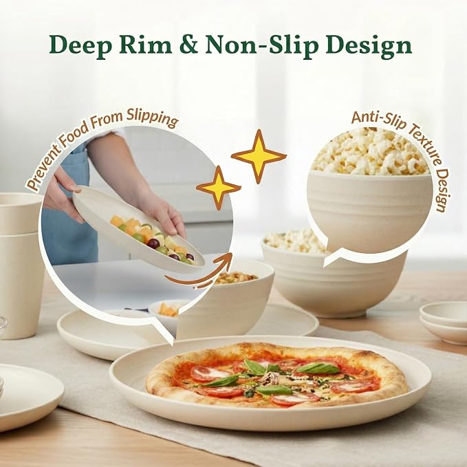 Homienly Wheat Straw Dinnerware Sets 40 PCS Plates and Bowls Sets with Cup Set and Dipping Bowls, Unbreakable Camping Dishes Microwave and Dishwasher Safe Dinnerware Set for Dinner, Outdoor (Beige)