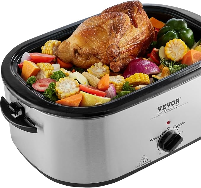 VEVOR Electric Turkey Oven, 26 QT Capacity with Auto-Basting Cover, 1450W, Features Defrost & Keep Warm Settings, Temperature Control, Includes Detachable Pan & Rack, Accommodates Up to 30LBS Turke