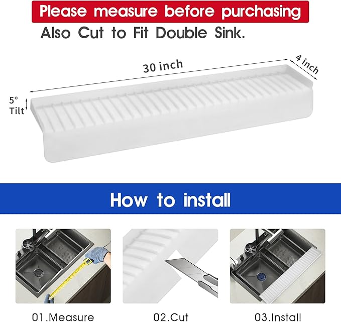 Snuggery 30"x4" Silicone Sink Edge Protector - Splash Guard with Suction Cups & 5° Tilt, Cuttable Edge Guard for Kitchen Sink, Bathroom,Granite & Quartz Countertops(White)