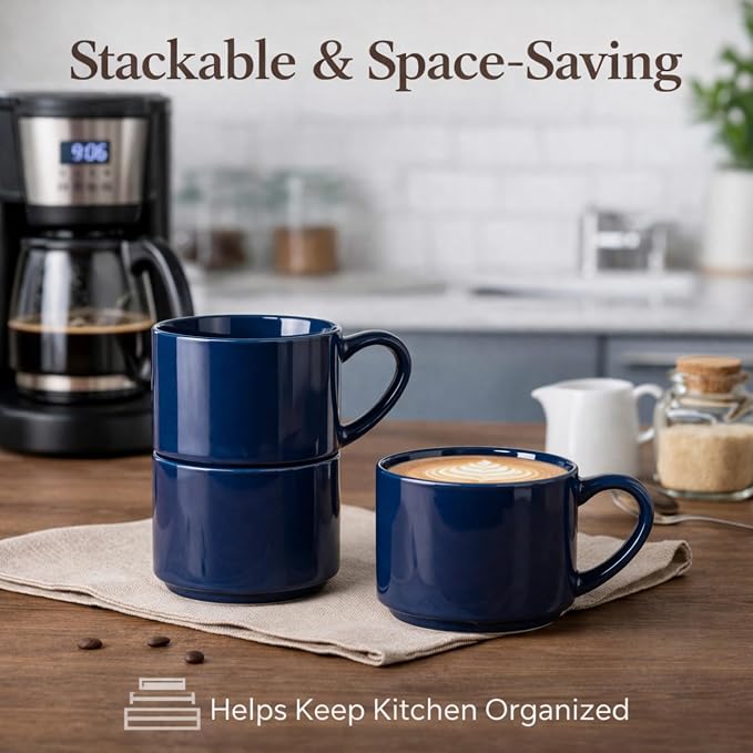 GBhome 14 OZ Coffee Mugs Set of 6, Stackable Ceramic Mugs for Men, Women, Modern Coffee Cups for Latte,Cappuccino,Hot Cocoa. Dishwasher & Microwave Safe, Navy Blue