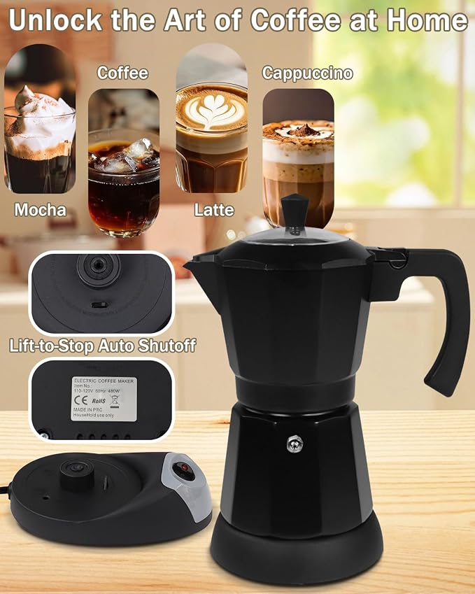 Electric Moka Pot with Detachable Base Aluminum Espresso Maker 10oz 6 Cup 300ml Black Italian Coffee Maker for Kitchen Home 110V