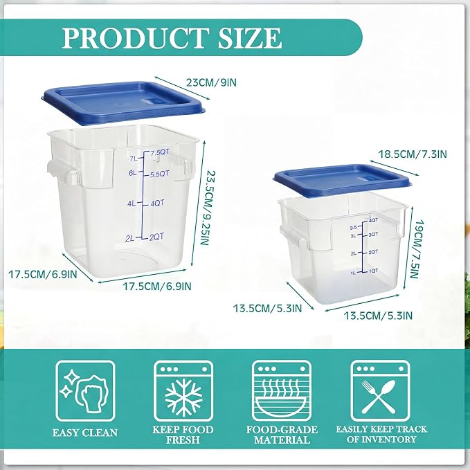 Lallisa 4 Pcs 8qt & 4qt Clear Food Storage Containers with Lids Handles and Scales, Stackable Plastic Square Food Storage Containers for Dough Proofing Baking Kitchen Restaurant(Blue)