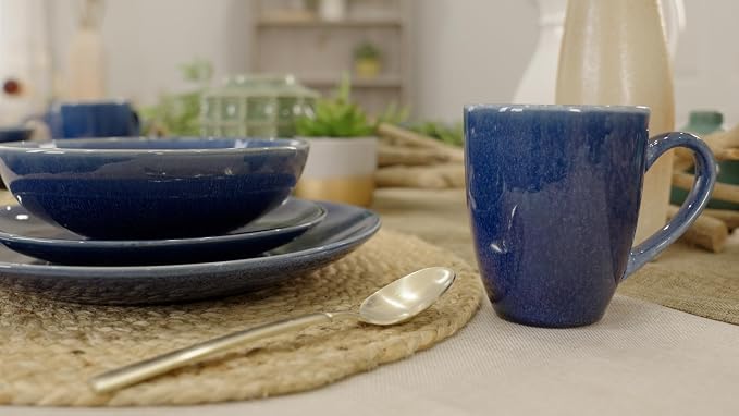 Elanze Designs Reactive Glaze Stone Ceramic Plates Bowls Mugs Classic Dinnerware 16 Piece Set - Service for 4, Blue