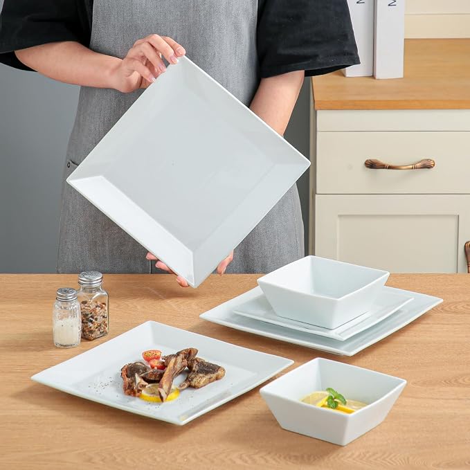 DOMINI 12-Piece Ceramic Kitchen Dinnerware Set, Service for 4, Porcelain Dishes Dinner Set, Square Dinnerware Sets with Dinner Plates, Dessert Plates and Pasta Bowls,Square-White