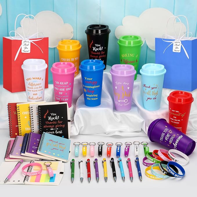 141Pcs/20Set Employee Appreciation Gift Bulk Inspirational Thank You Gift with 16oz Plastic Tumblers Notebooks Pen Silicone Bracelets Keychain for Christmas Team Staff Teacher Nurse Coworker Volunteer
