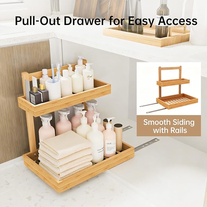 Bamboo Undersink Organizer Storage - 2-Tier Cabinet Shelf with Adjustable Levels, Under Sink Storage Slide Out for Cabinet Pantry Kitchen Bathroom (Natural, 2 Packs)
