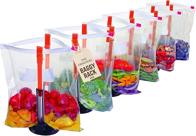 Jokari Suction Cup Fortified Baggy Rack 6 Pack For More Stability When Filling Plastic Freezer Storage Zip Lock Bags. Sturdy Clips Hold Containers Open to Pour Leftovers and Meal Prep Ingredients.