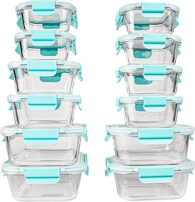 24 Piece Glass Microwave Dishwasher Safe Storage Prep Meal Containers with Lids Leak Proof (Blue)